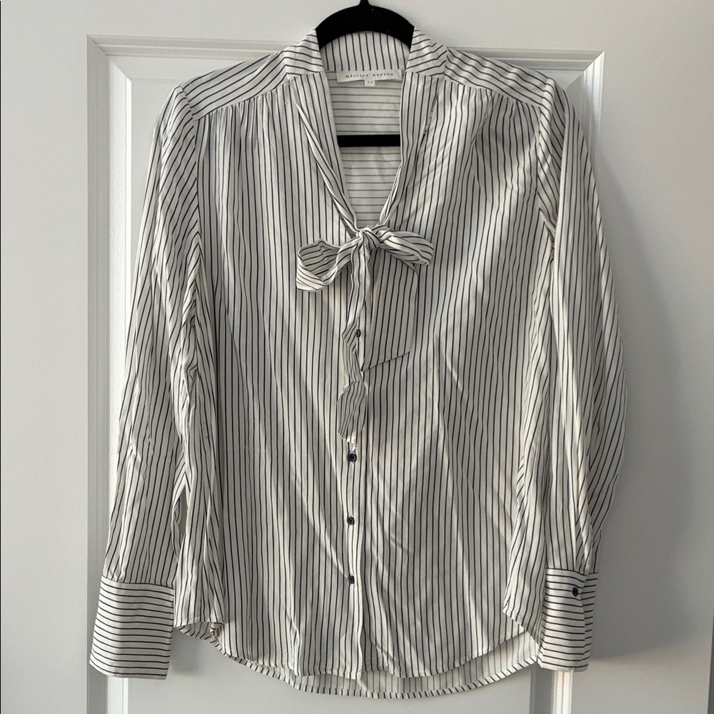 Melissa Nepton Size S V-Neck Tie Striped Button Blouse - Navy/White Pinstripe